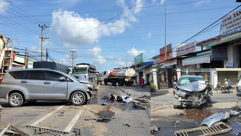 Va chạm với xe bồn, ô tô 7 chỗ bể nát phần đầu ảnh 1