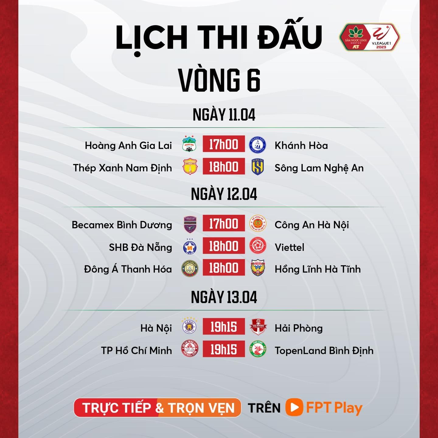 Lịch thi đấu vòng 6 V.League 2023. Ảnh: FPT Play