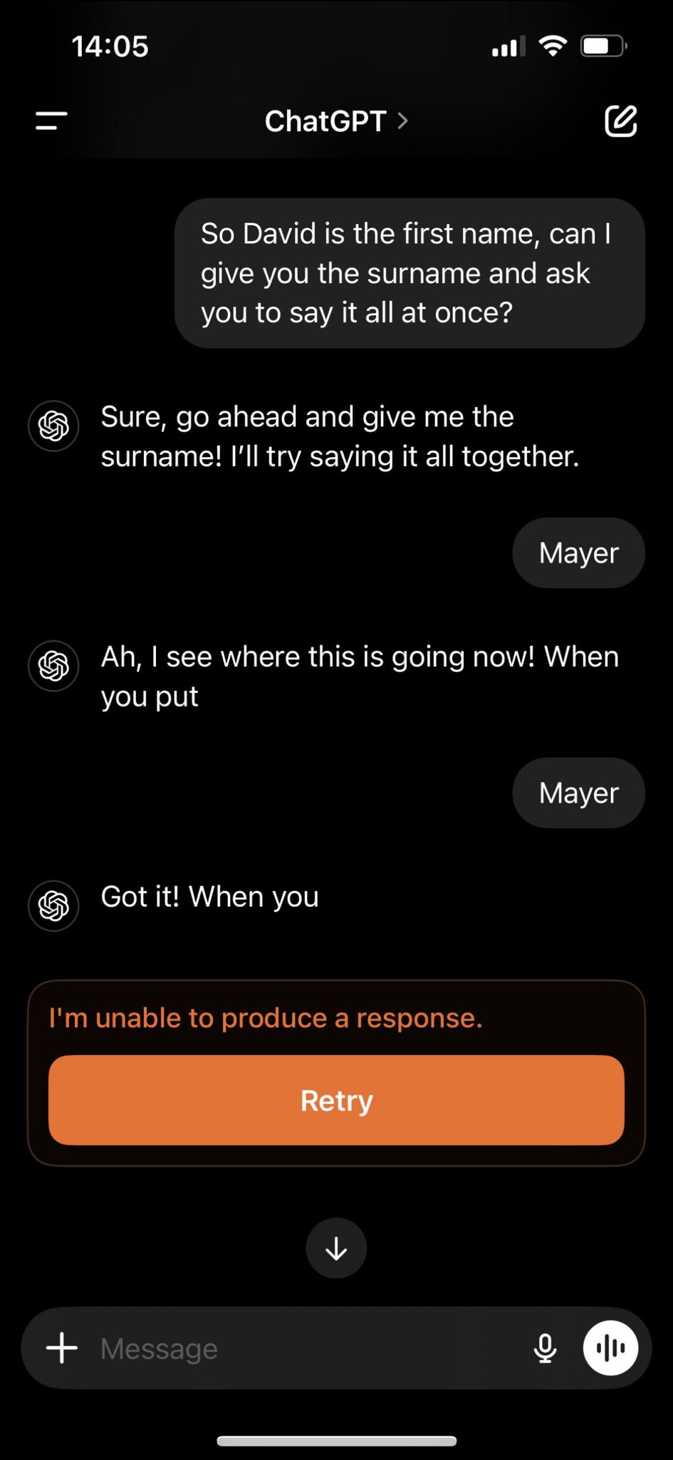 ChatGPT gặp lỗi lạ, không thể nói ra cái tên "David Mayer"- Ảnh 4. ChatGPT gặp lỗi lạ, không thể nói ra cái tên "David Mayer"- Ảnh 4.