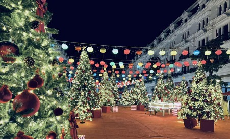 Vườn thông khổng lồ tại Danko City được trang trí bắt mắt, thu hút sự chú ý của người dân trong mùa Giáng sinh 2024.