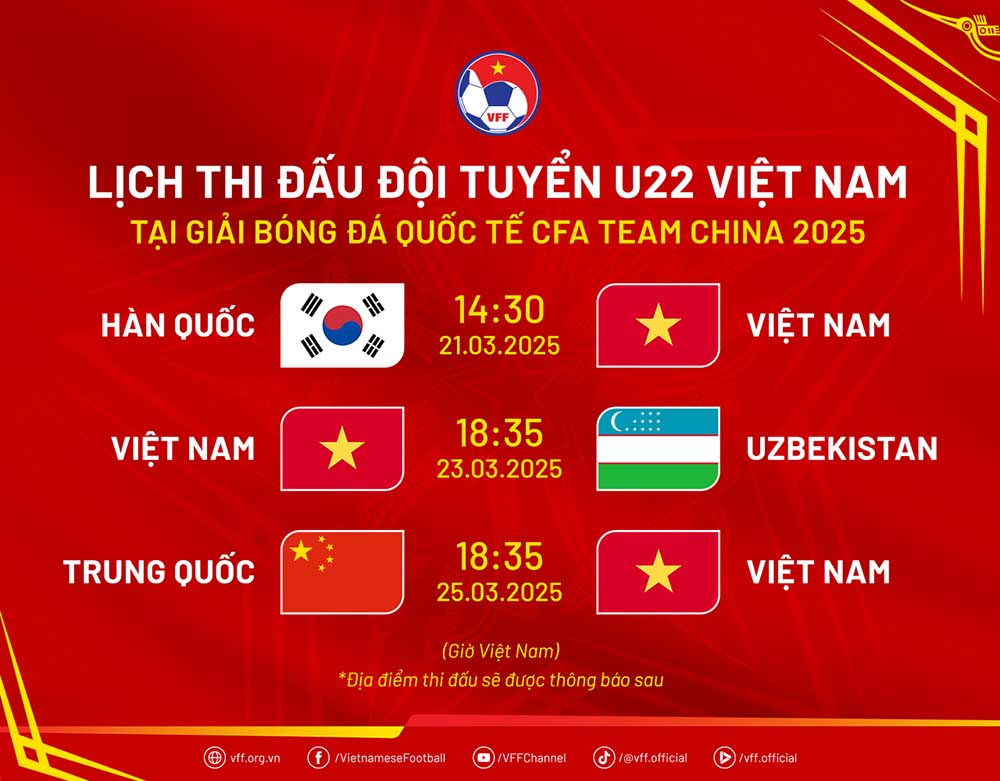 Lịch thi đấu của U22 Việt Nam tại giải CFA Team China 2025. Ảnh: VFF