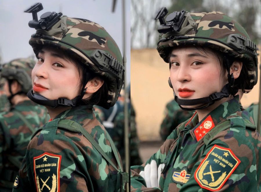 Thiếu úy Phương Vy tập luyện diễu binh ở khối Sĩ quan Thông tin. Ảnh: Nhân vật cung cấp