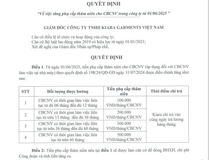 Công ty TNHH Kiara Garments Việt Nam điều chỉnh tăng phụ cấp thâm niên cho người lao động đang làm việc.