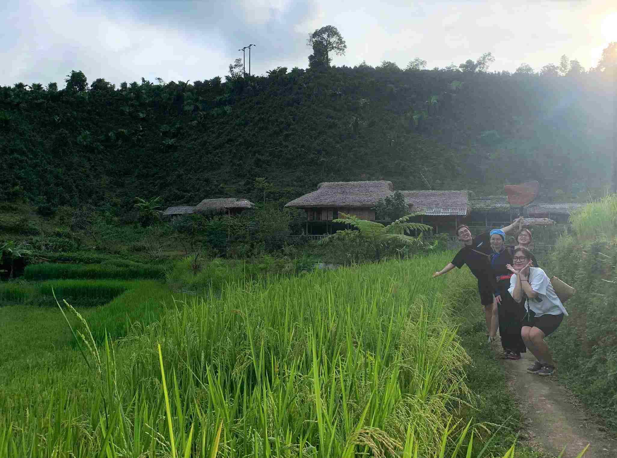 Du khách đến Bản Liền vào mùa lúa xanh. Ảnh: Đỗ Phúc