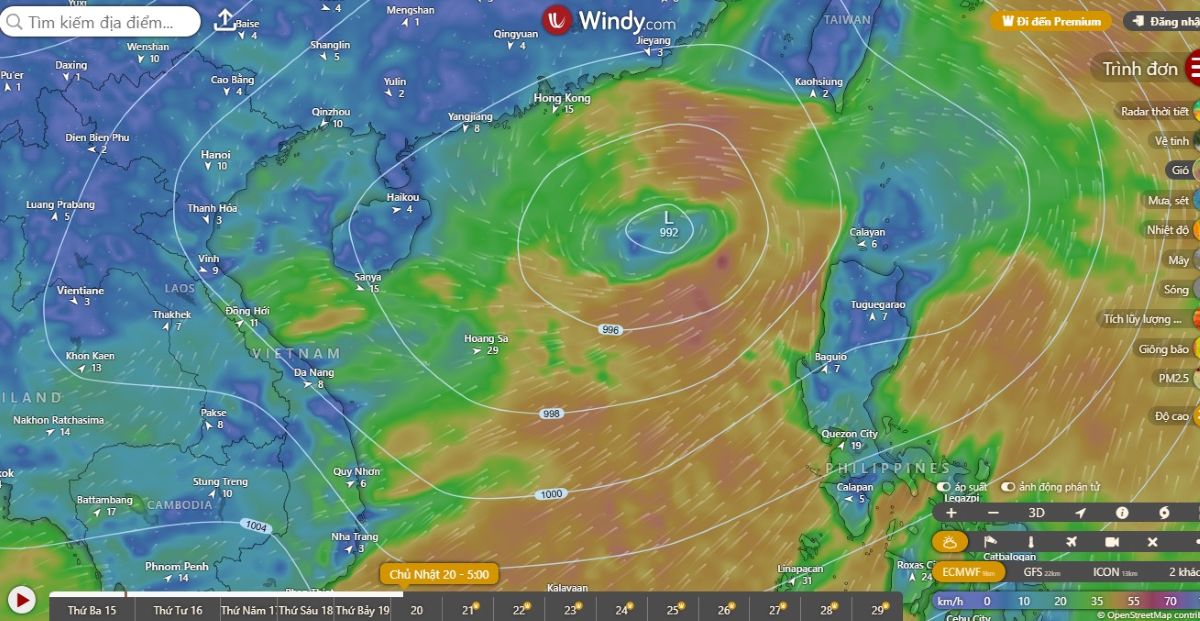 Diễn biến áp thấp, bão gần Biển Đông và Tây Bắc Thái Bình Dương dự kiến phức tạp. Ảnh: Windy.com
