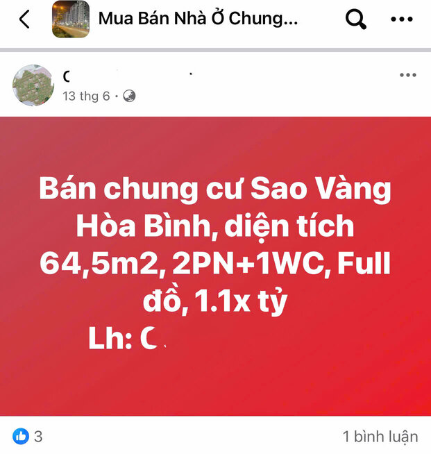 Tin đăng bán chung cư của chị Nguyễn Thu Hằng. Ảnh chụp màn hình