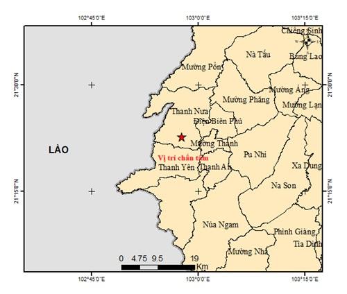 Bản đồ chấn tâm động đất xảy ra tại xã Thanh Nưa, tỉnh Điện Biên. Ảnh: Trung tâm Báo tin động đất và cảnh báo sóng thần