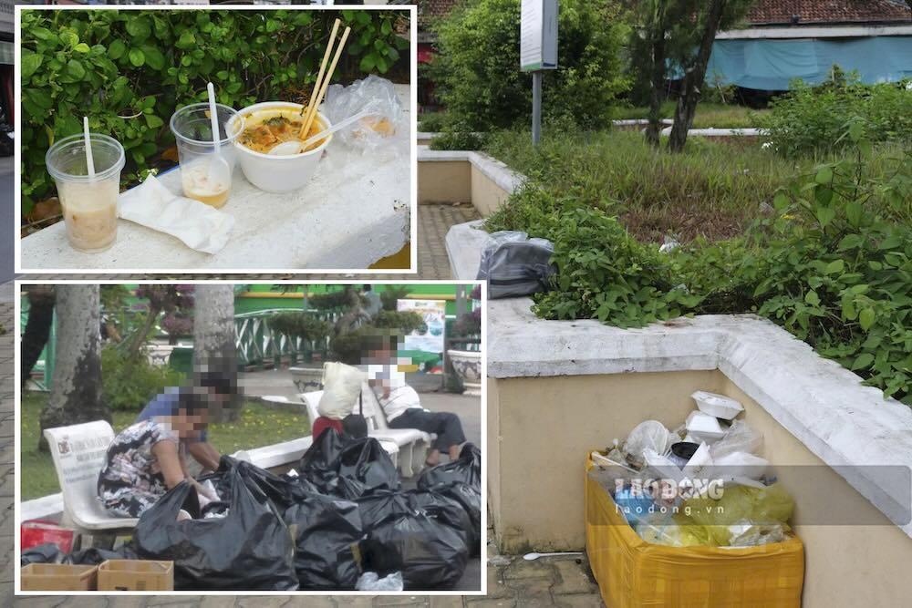 Dù đã được bố trí thùng rác nhưng đâu đó trên ghế đá, gốc cây,… đồ ăn thừa, bọc ni - lông vẫn xuất hiện.