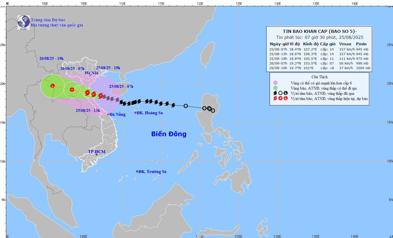 Cập nhật vị trí và đường đi của bão số 5 hồi 7 giờ 30 ngày 25.8. Nguồn: Trung tâm Dự báo Khí tượng Thủy văn Quốc gia
