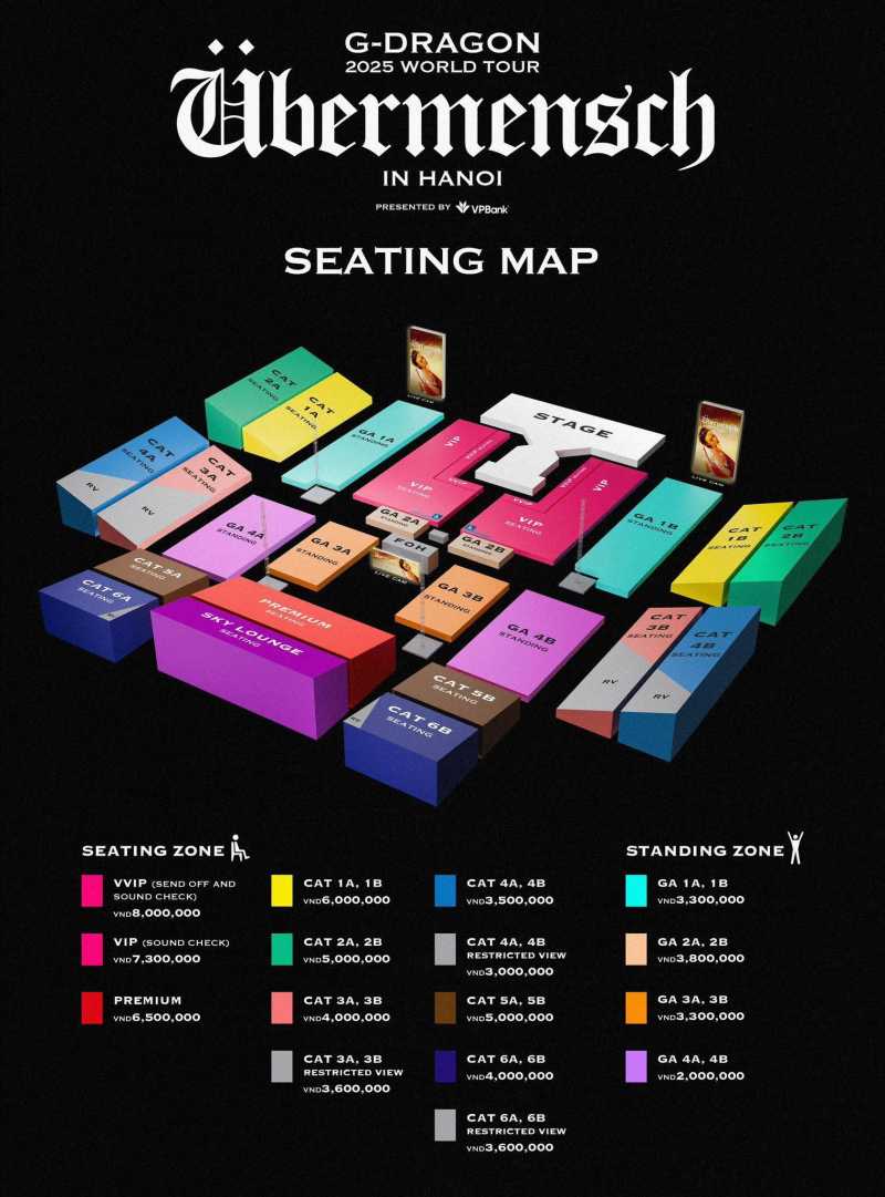 Sơ đồ khán đài, giá vé concert của G-Dragon. Ảnh: Ban tổ chức