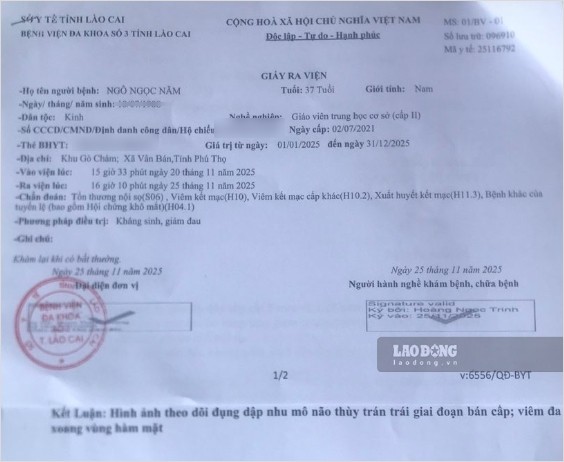 Giấy ra viện chẩn đoán ông Ngô Văn Năm bị tổn thương nội sọ và nhiều ảnh hưởng vùng mắt, hàm mặt. Ảnh: Duy Dũng