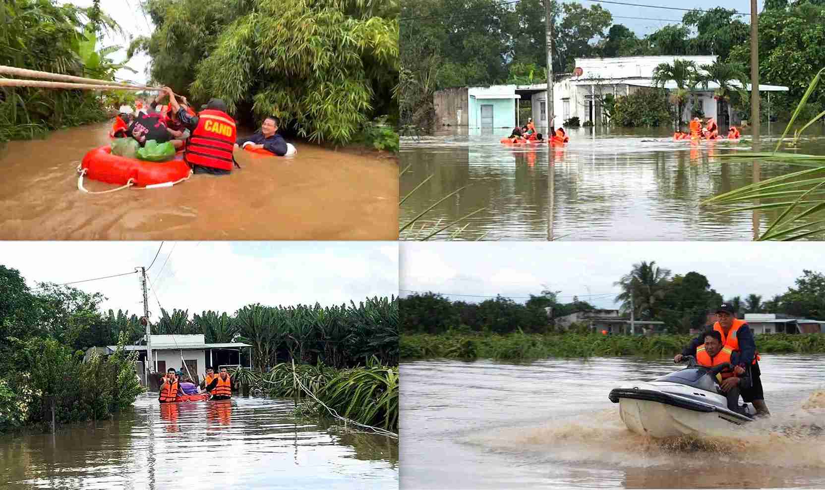 Lực lượng vũ trang tỉnh Lâm Đồng vượt lũ sơ tấn người dân đến nơi an toàn. Ảnh: Công an cung cấp