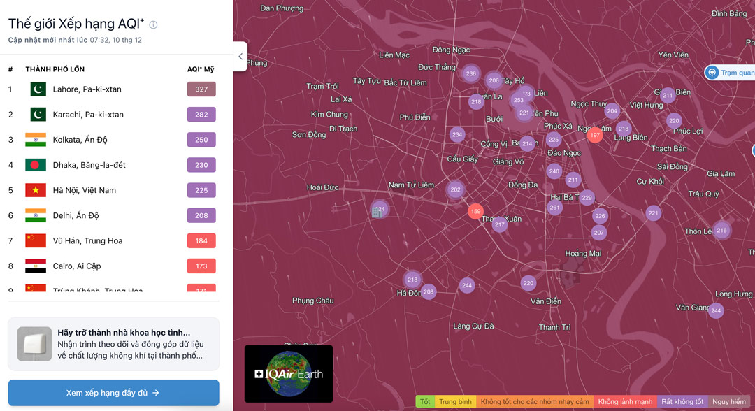 Lúc 7h30 sáng nay, chỉ số AQI nhiều khu vực tại Hà Nội ở ngưỡng tím - rất không tốt cho sức khỏe. Ảnh: IQAir